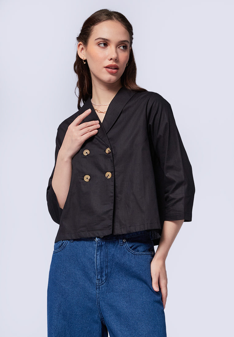 V-Neck Double Breasted Short Sleeve Blouse