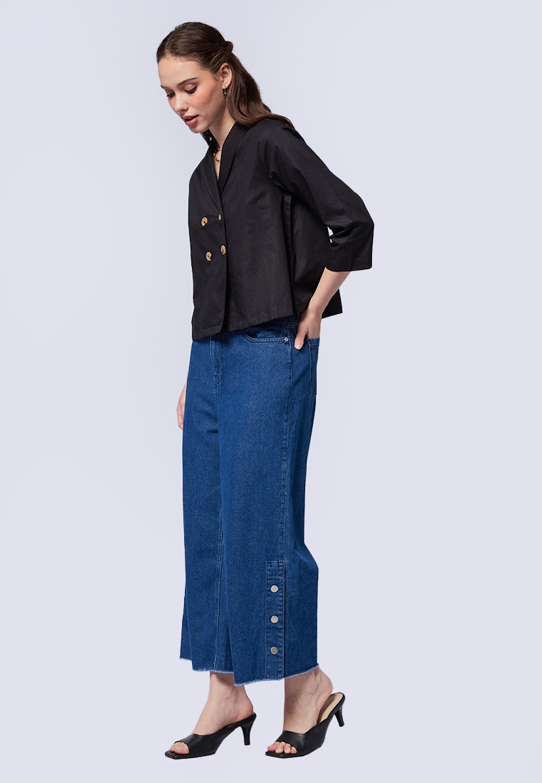 V-Neck Double Breasted Short Sleeve Blouse