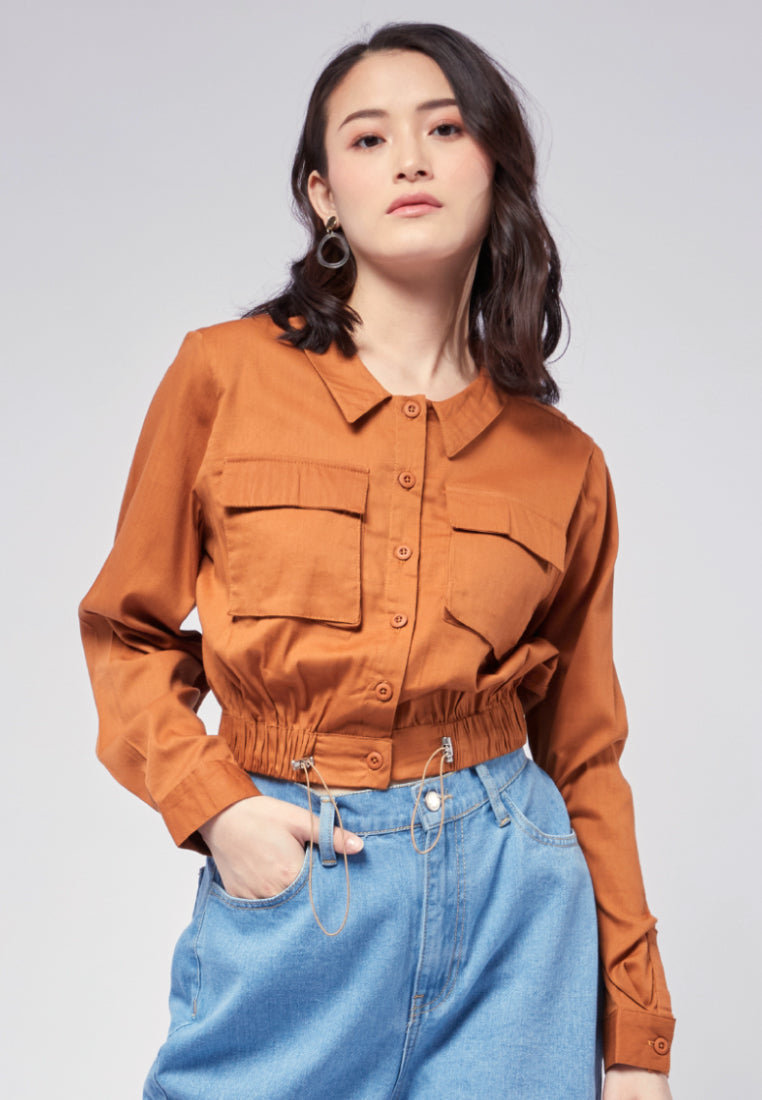 Long Sleeve Blouse with Drawstring Waist