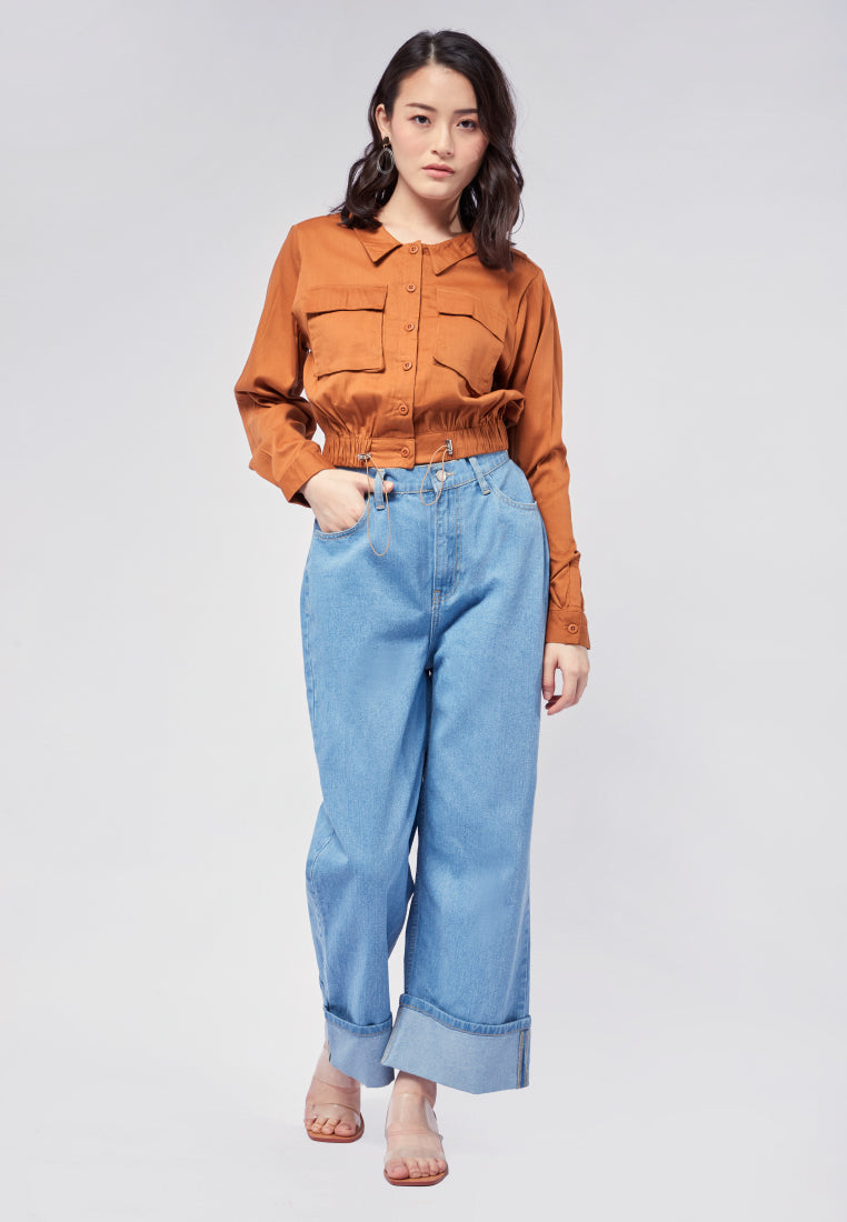 Long Sleeve Blouse with Drawstring Waist