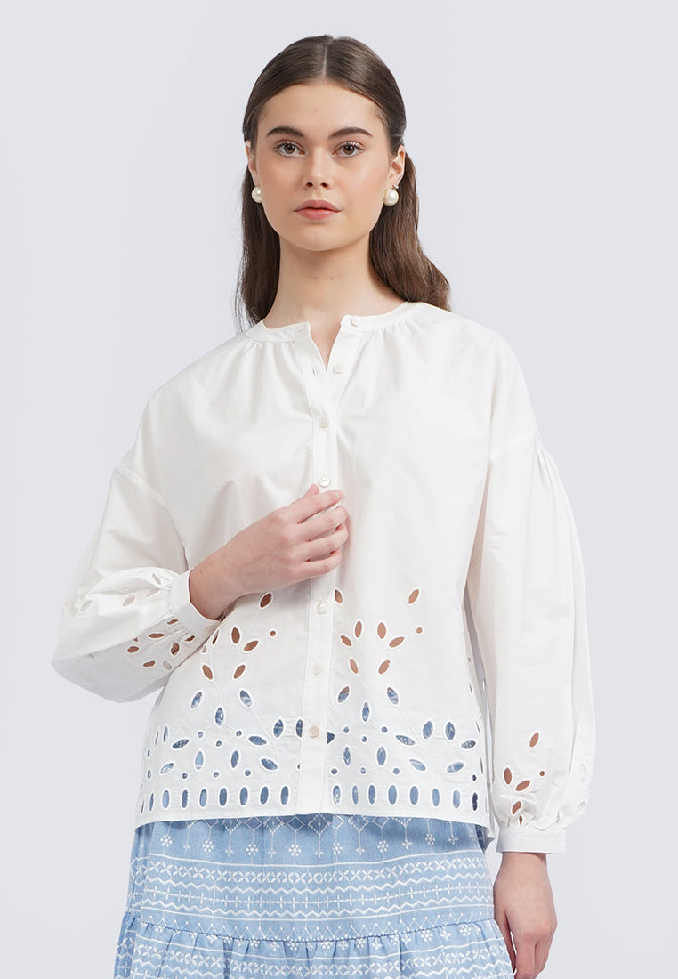 Round Neck Puff Sleeves Eyelet Blouse