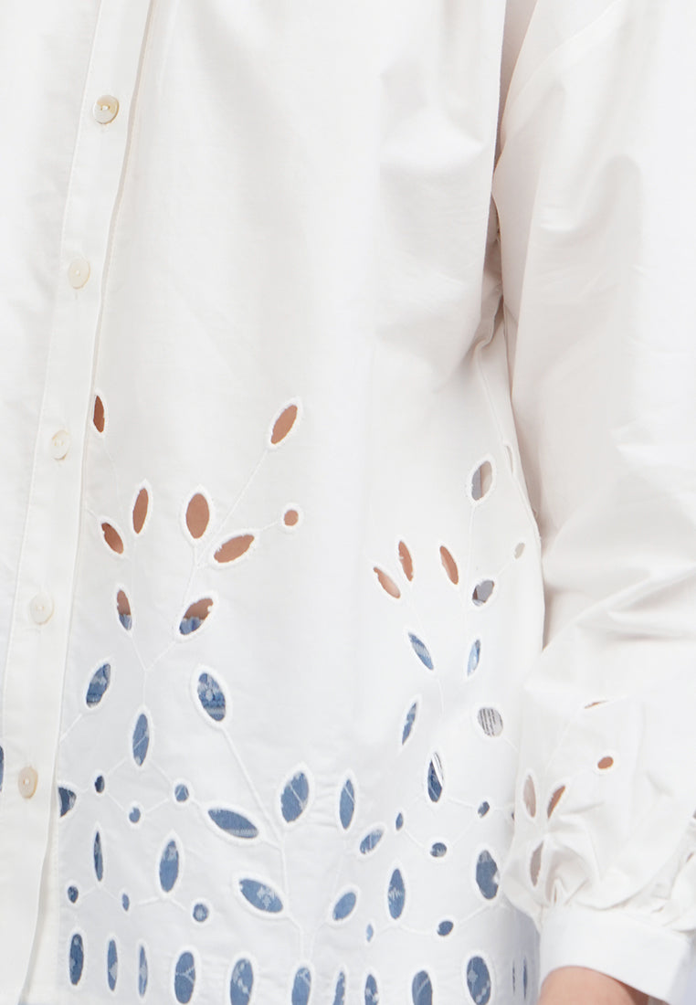 Round Neck Puff Sleeves Eyelet Blouse