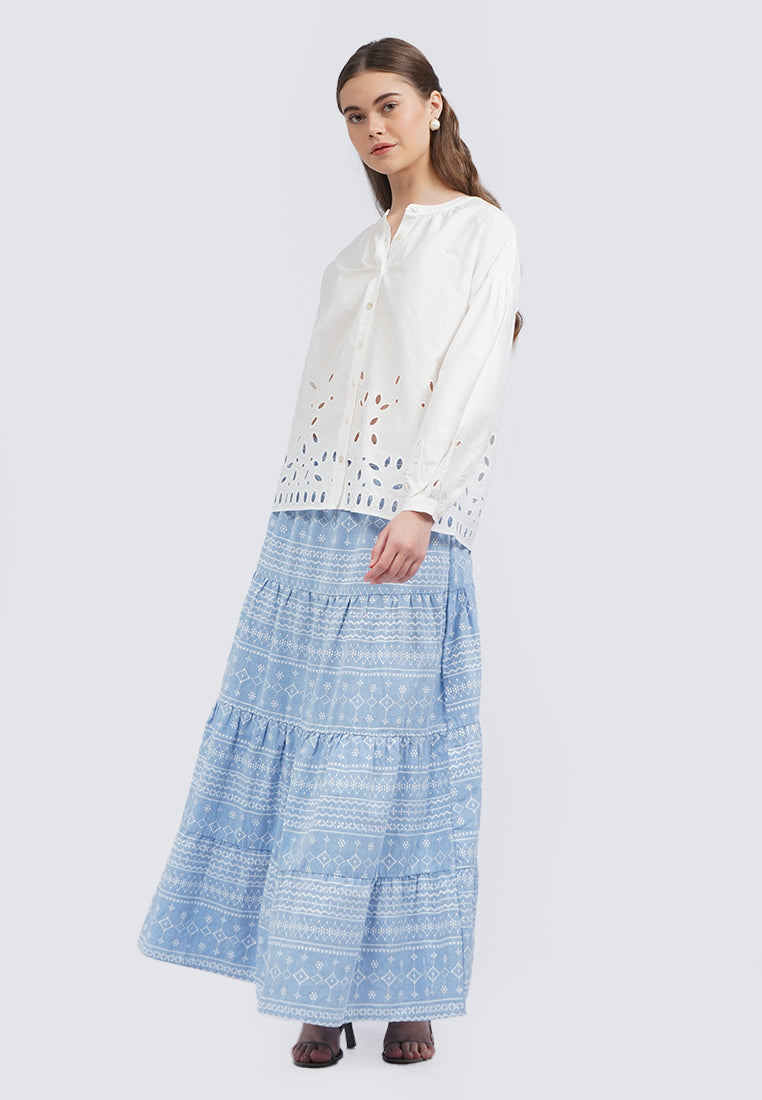 Round Neck Puff Sleeves Eyelet Blouse