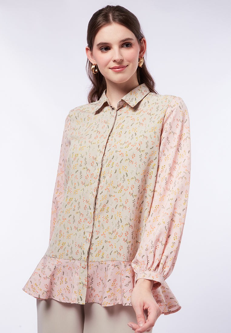 Two Tone Printed Long Sleeve Blouse