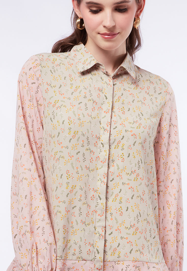 Two Tone Printed Long Sleeve Blouse