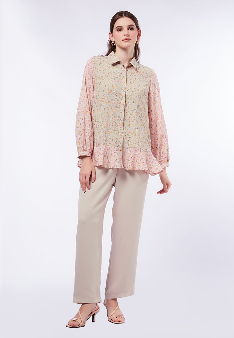 Two Tone Printed Long Sleeve Blouse