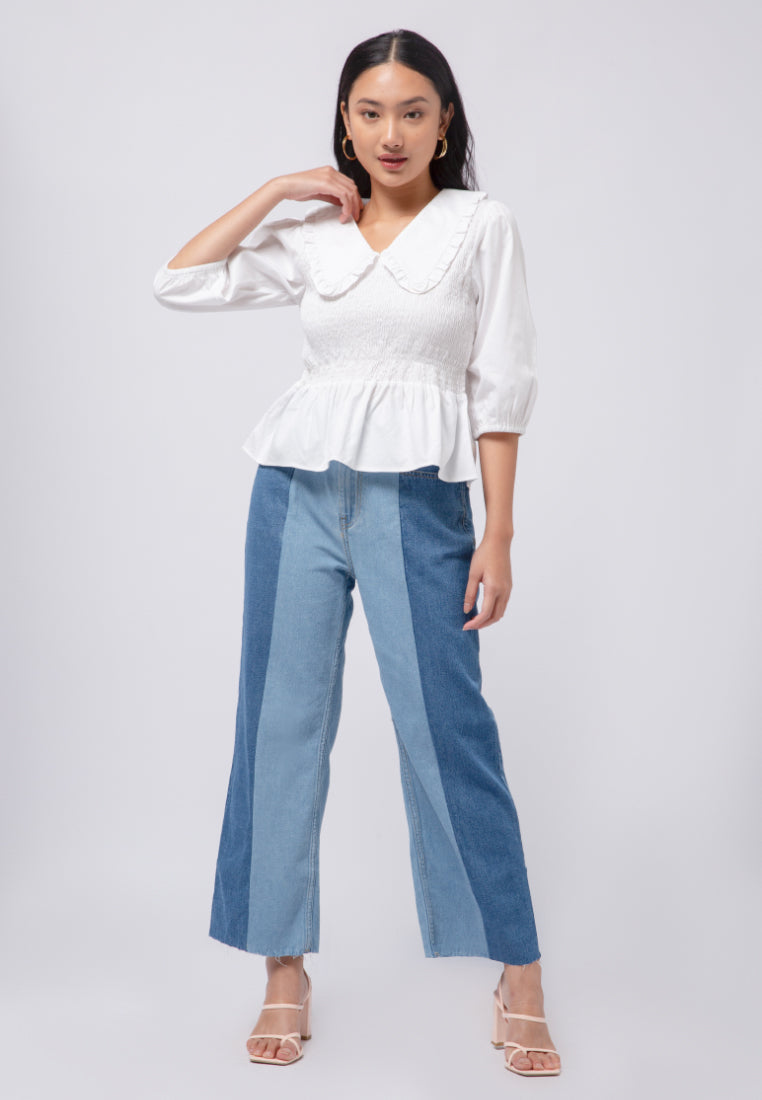 Wide Collar Blouse with Smock Details