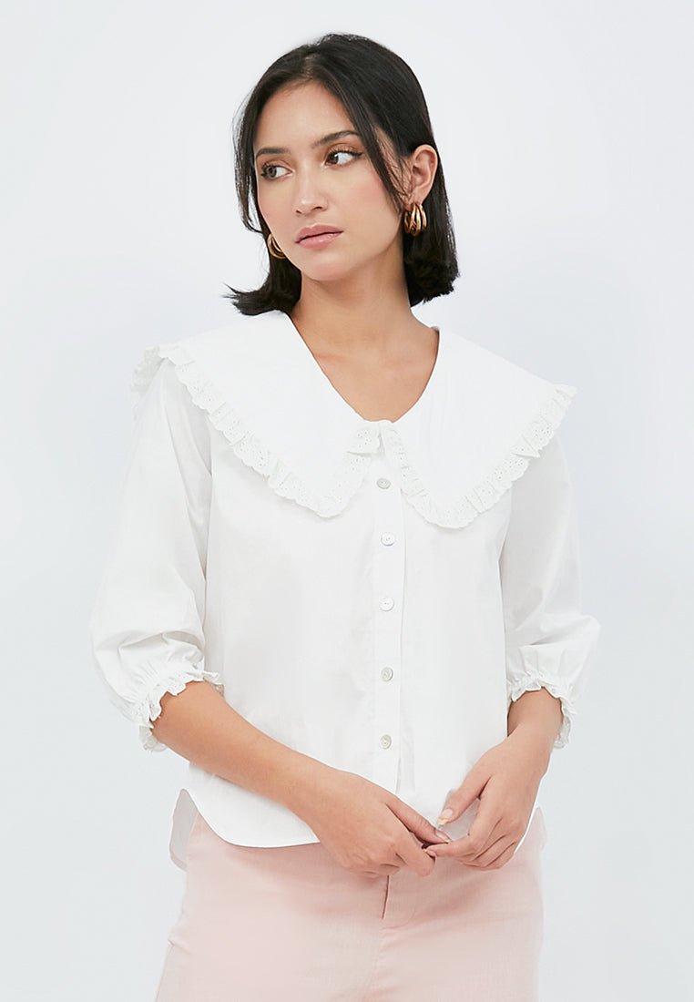 Wide Collar Blouse with Lace Details