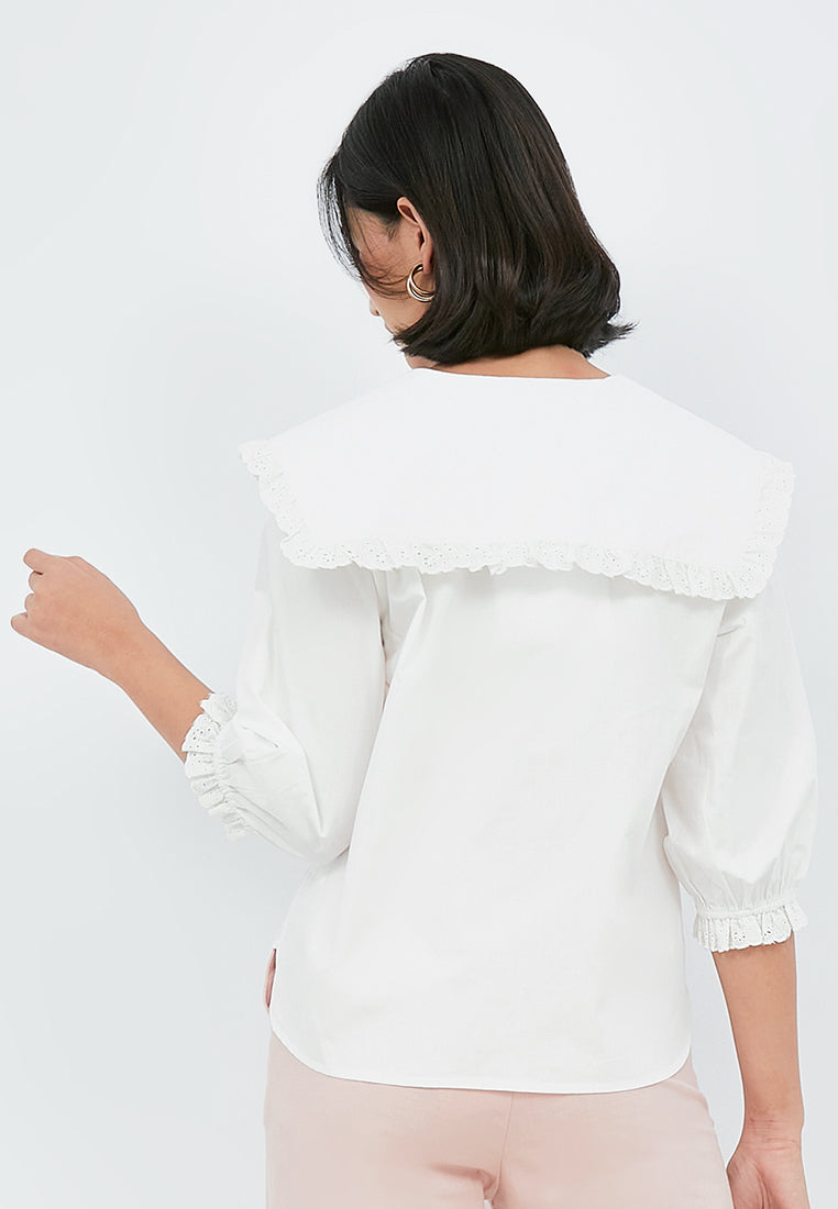 Wide Collar Blouse with Lace Details