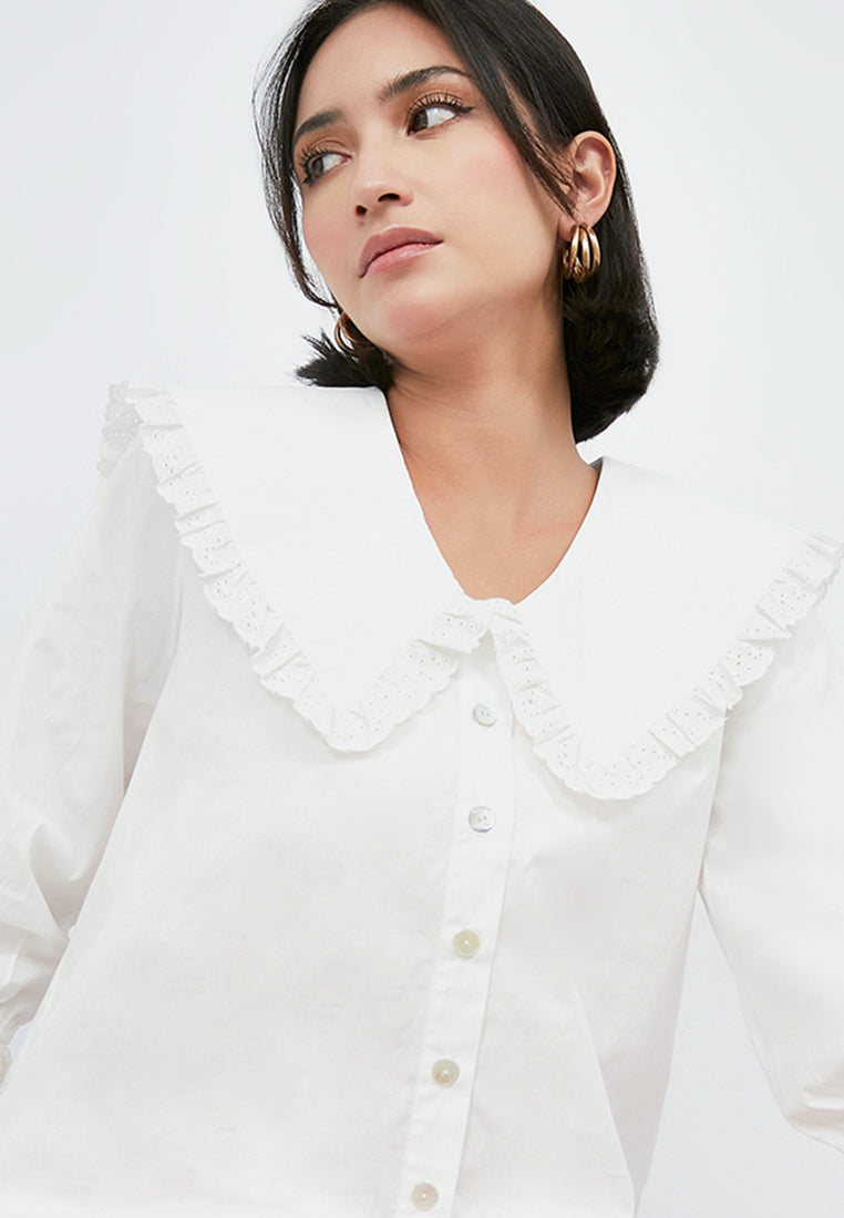 Wide Collar Blouse with Lace Details