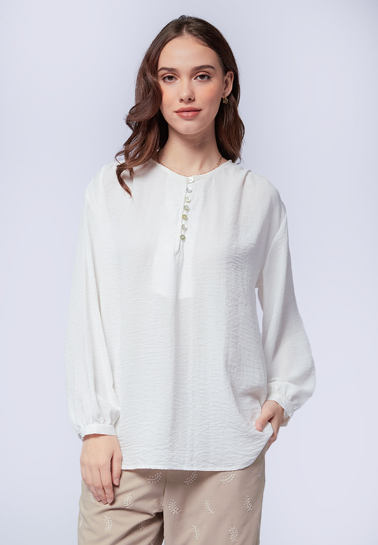 Buttoned Long Sleeve Loose Blouse