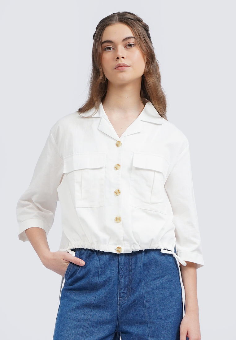 Notch Collar Blouse with Double Pocket