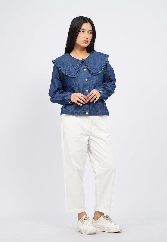 Wide Collar Long Sleeve Chambray Blouse