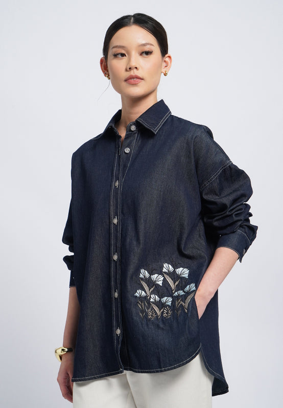 Embroidered Long Sleeve Chambray Blouse