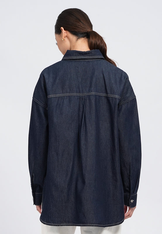 Embroidered Long Sleeve Chambray Blouse