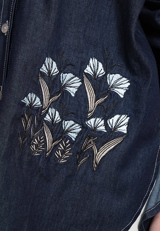 Embroidered Long Sleeve Chambray Blouse