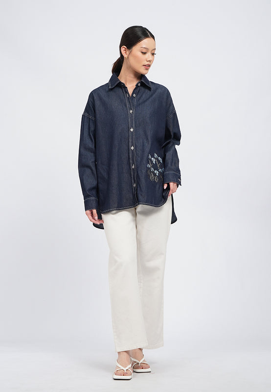 Embroidered Long Sleeve Chambray Blouse