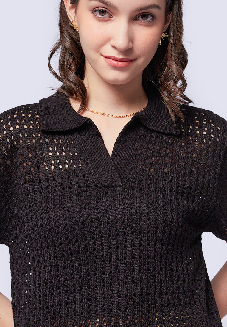 Open Work Knit Polo Top