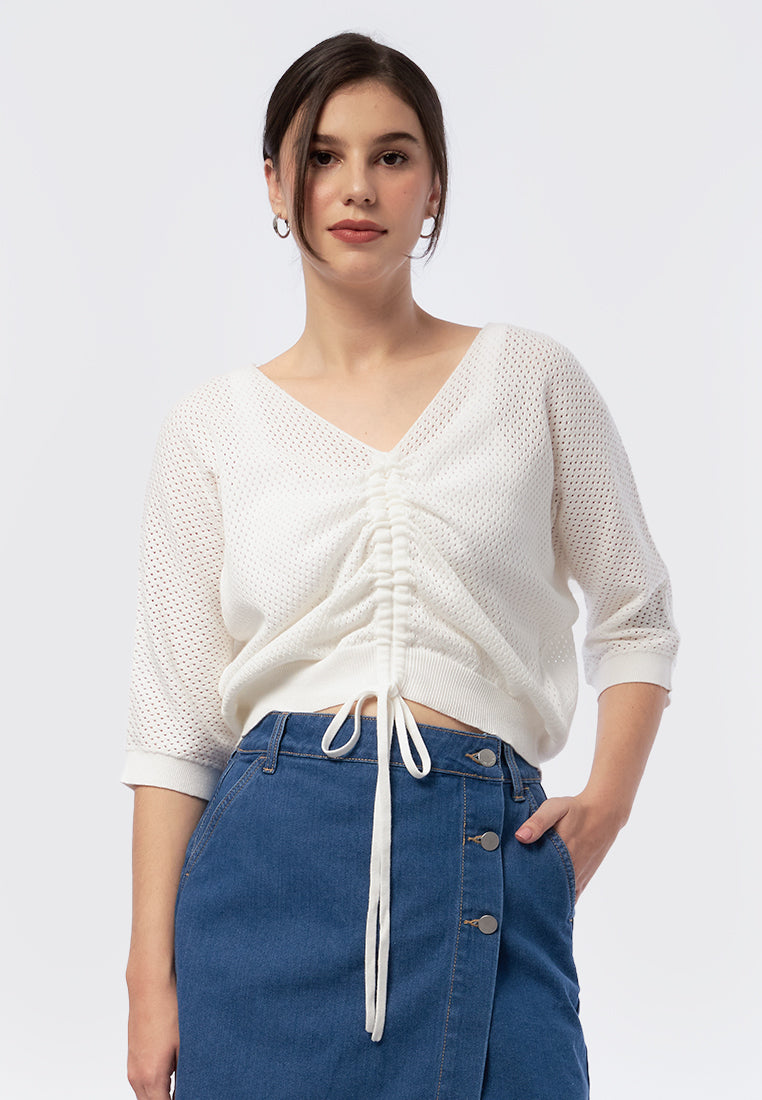 3/4 Sleeve Knit Top with Drawstring