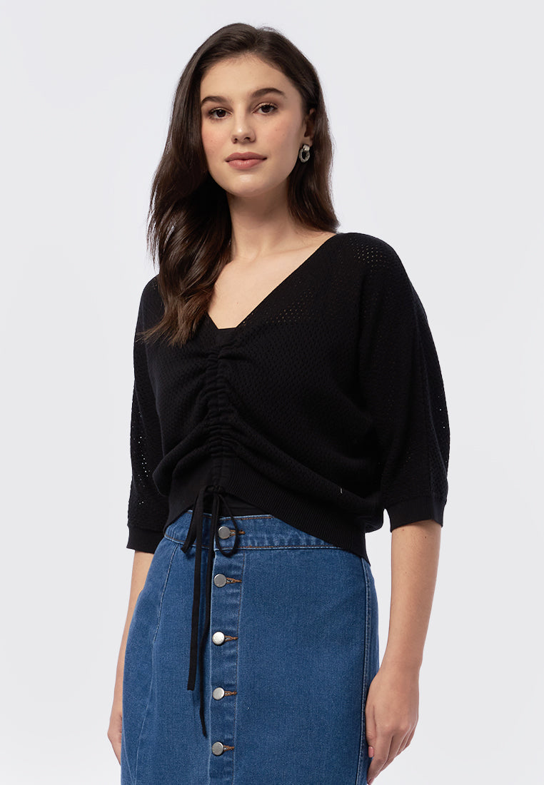3/4 Sleeve Knit Top with Drawstring