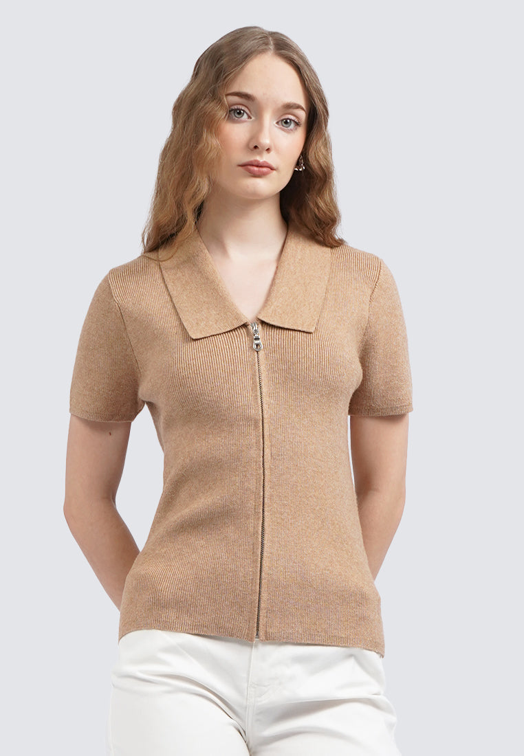 Short Sleeve Knit Top with Zipper