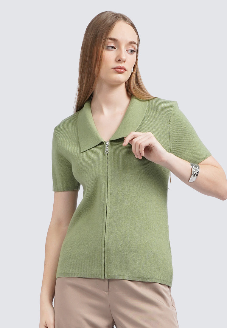 Short Sleeve Knit Top with Zipper