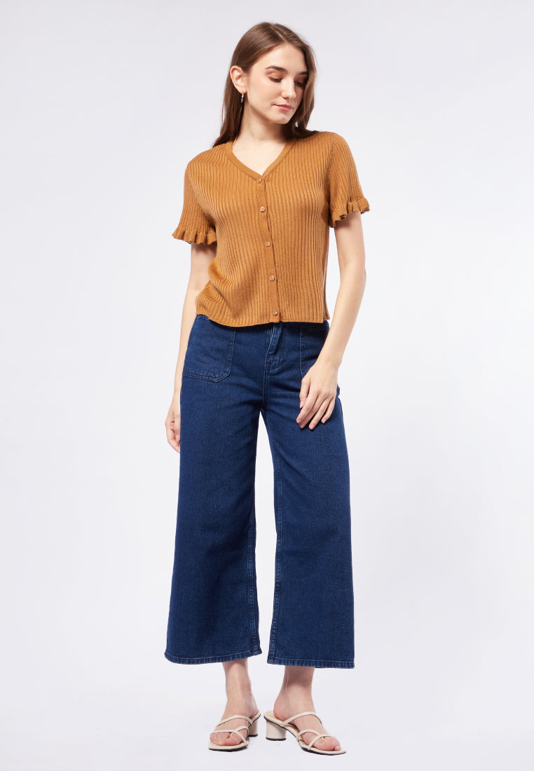 Rib Top with Frill Sleeve Details