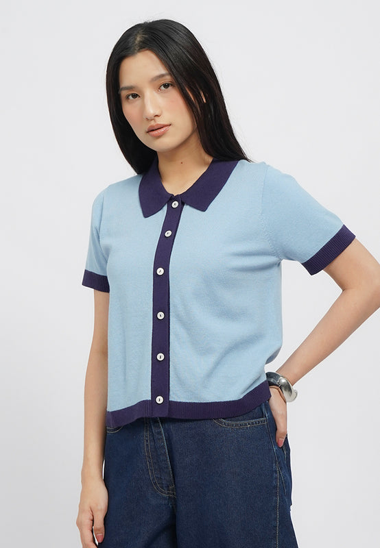 Contrast Collar Short Sleeve Knit Top