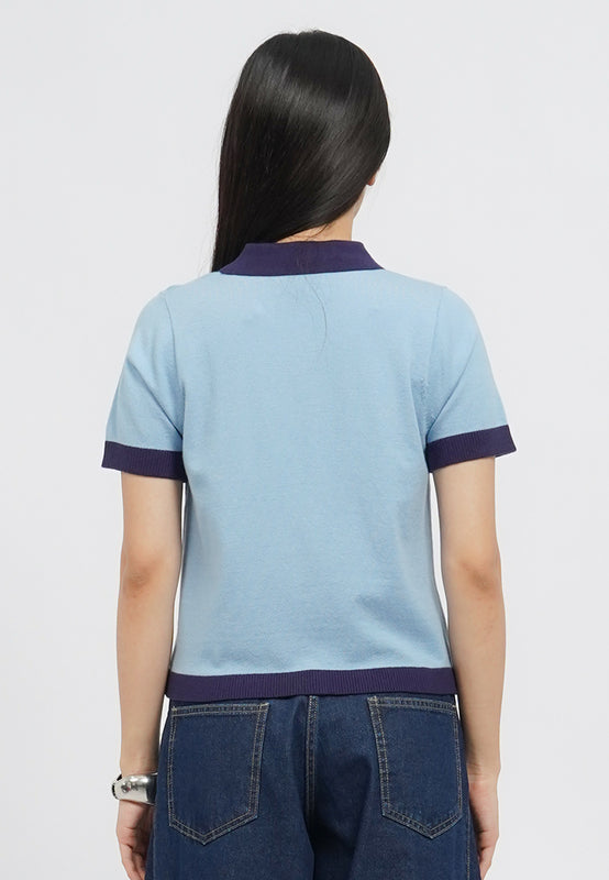 Contrast Collar Short Sleeve Knit Top
