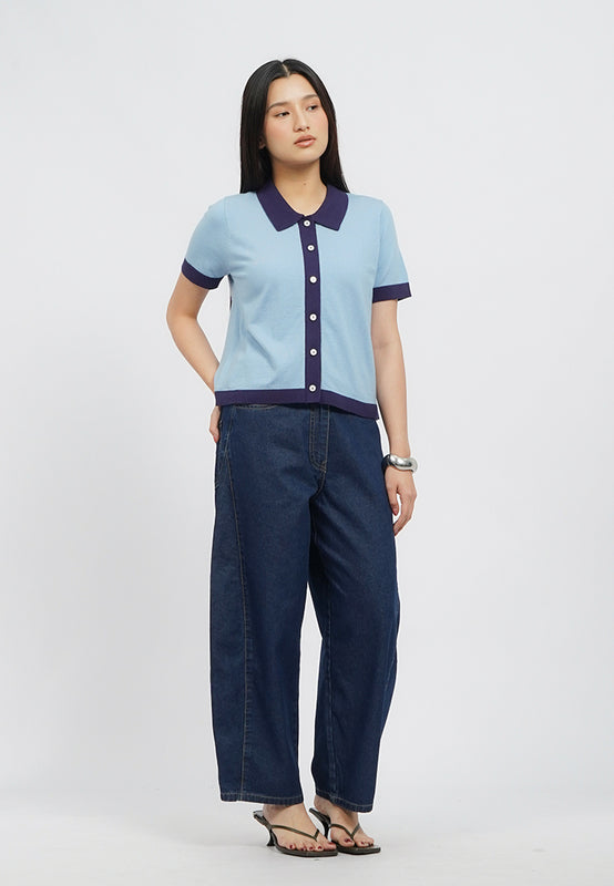 Contrast Collar Short Sleeve Knit Top