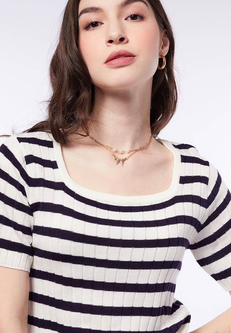 Square Neck Striped Knit Top