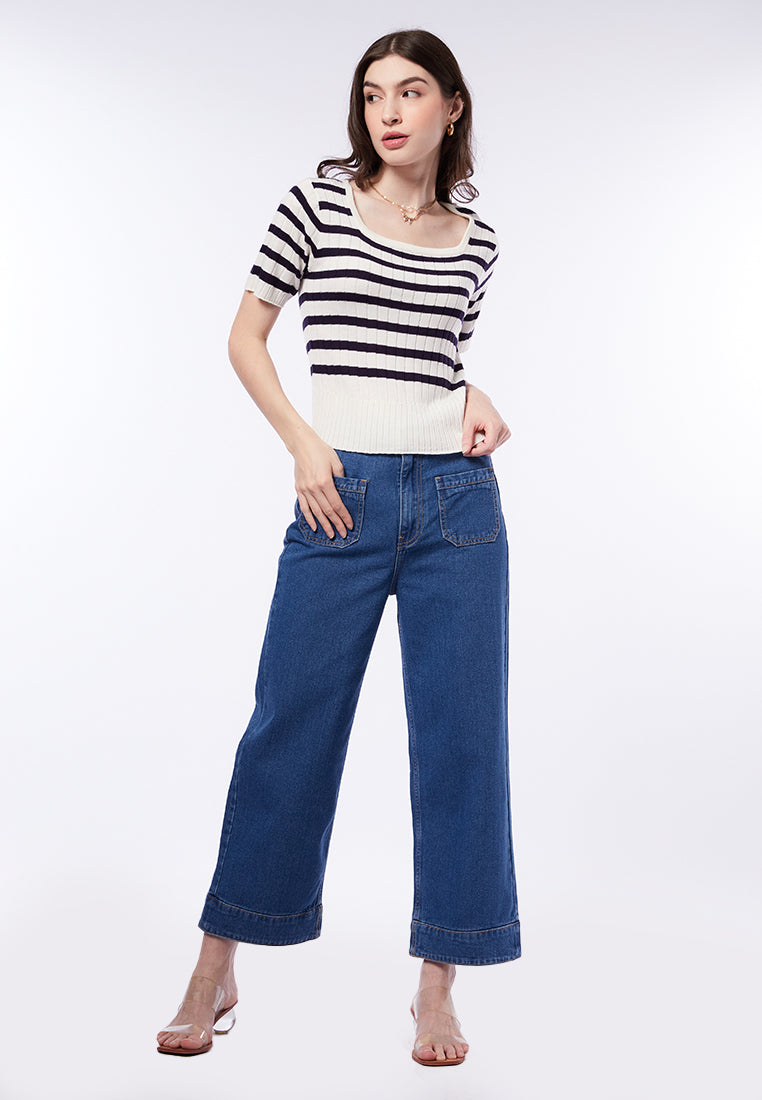 Square Neck Striped Knit Top