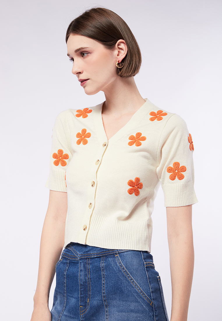 V-Neck Knit Top with Embroidery