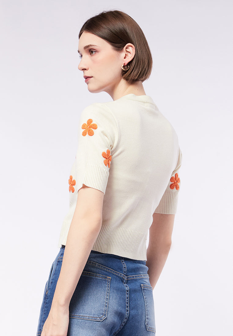 V-Neck Knit Top with Embroidery