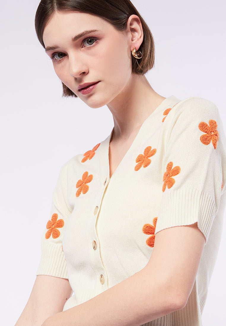 V-Neck Knit Top with Embroidery