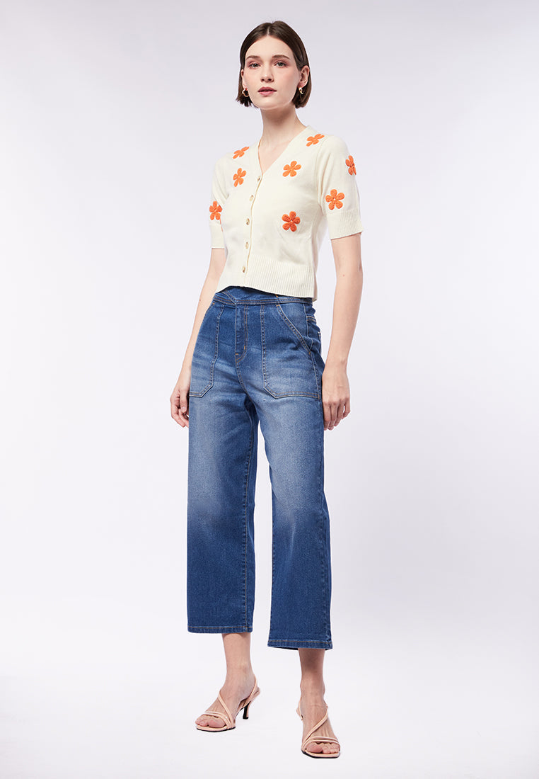 V-Neck Knit Top with Embroidery