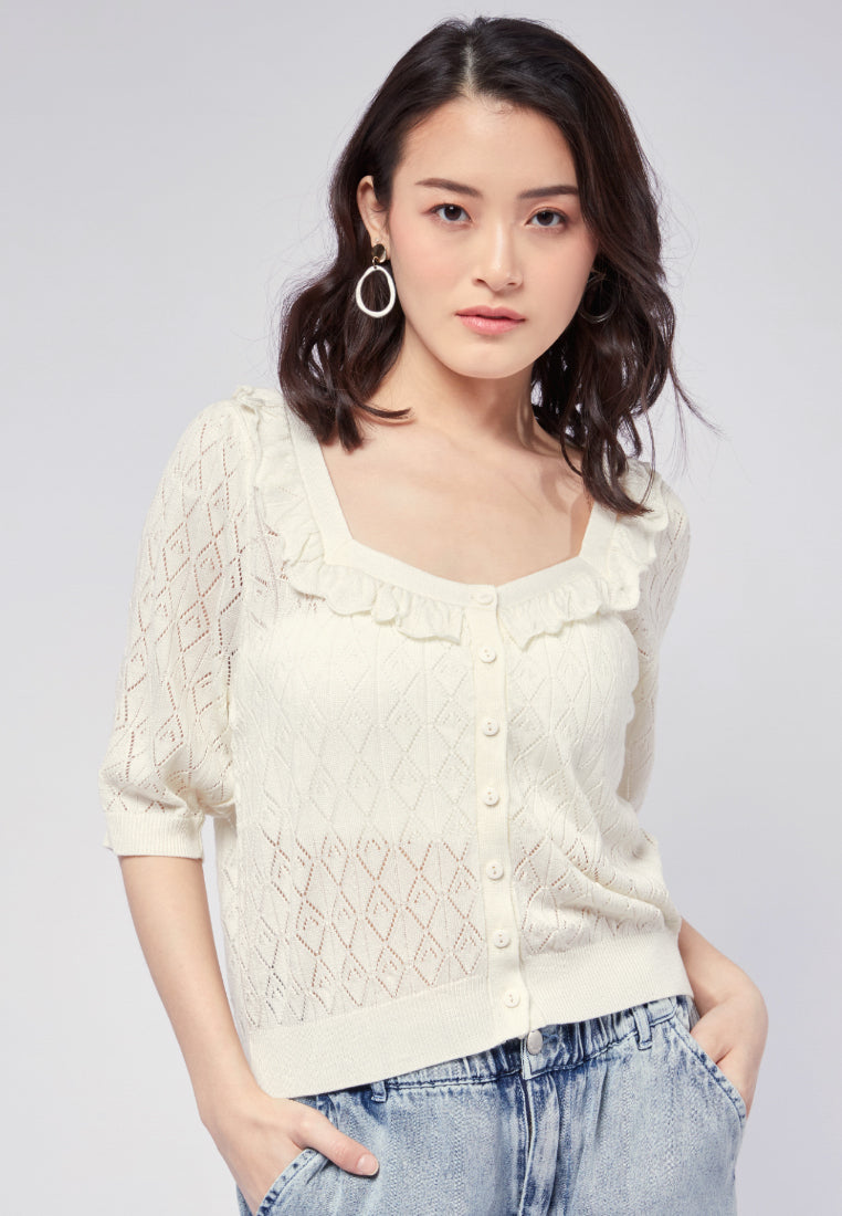 Puff Sleeve Knit Top with Ruffle Details