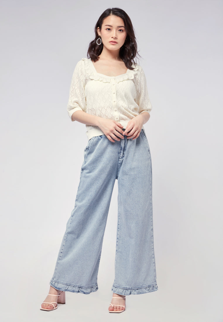 Puff Sleeve Knit Top with Ruffle Details
