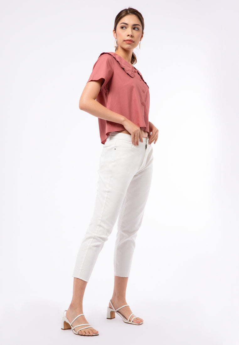 Short Sleeve Blouse with Wide Collar