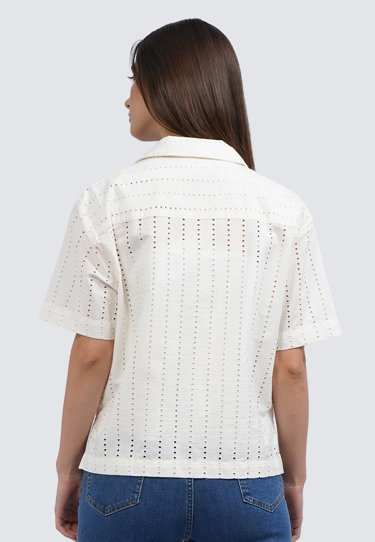 V-Neck Eyelet Short Sleeve Blouse