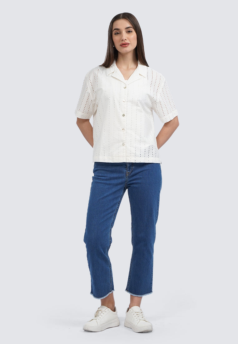 V-Neck Eyelet Short Sleeve Blouse