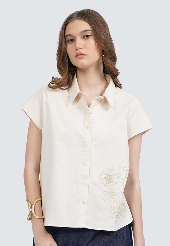 Embroidered Short Sleeve Linen Blouse