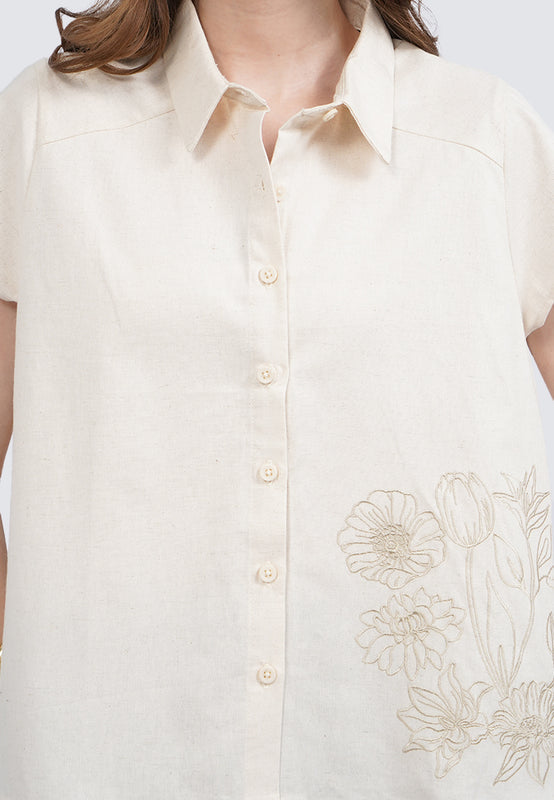 Embroidered Short Sleeve Linen Blouse
