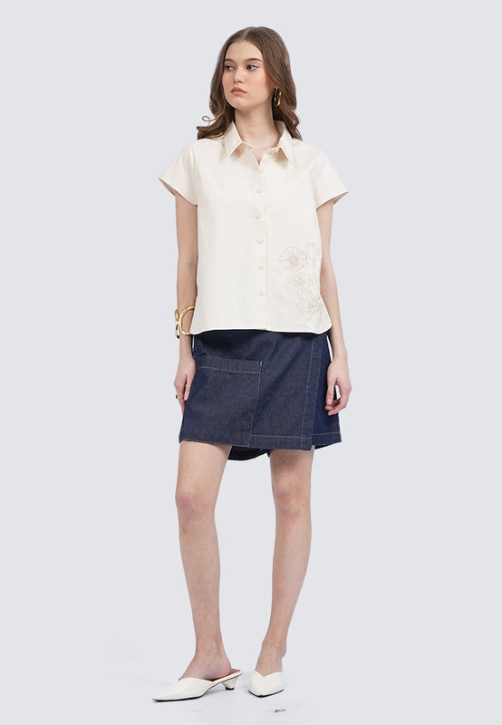 Embroidered Short Sleeve Linen Blouse