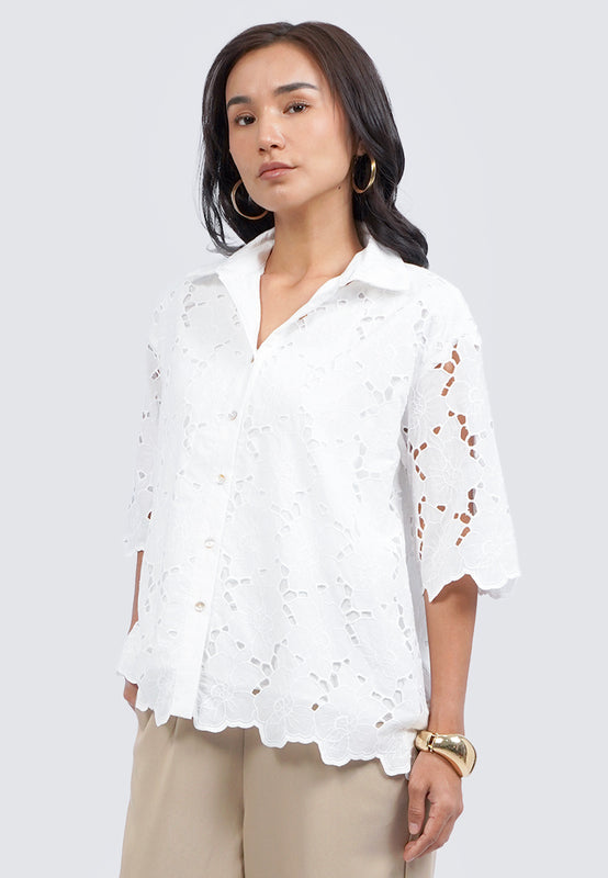 Eyelet Short Sleeve Loose Blouse
