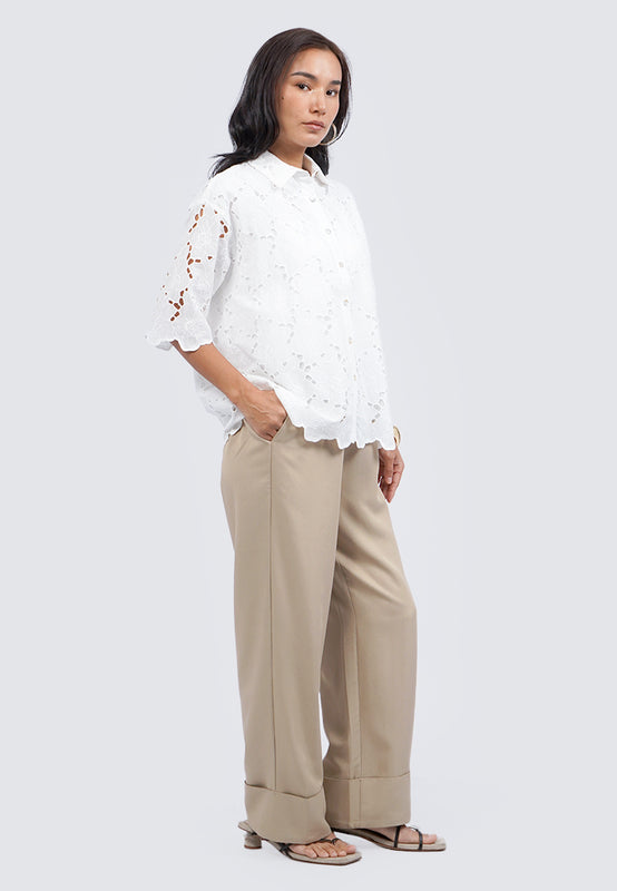 Eyelet Short Sleeve Loose Blouse