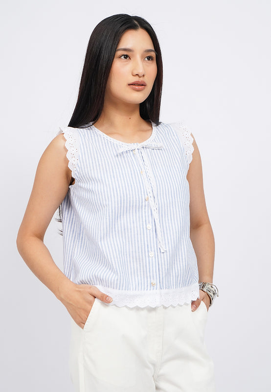 Sleeveless Stripe Blouse with Lace Details