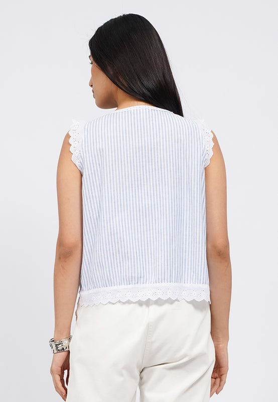 Sleeveless Stripe Blouse with Lace Details
