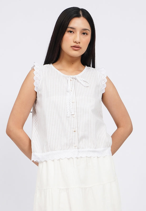 Sleeveless Stripe Blouse with Lace Details