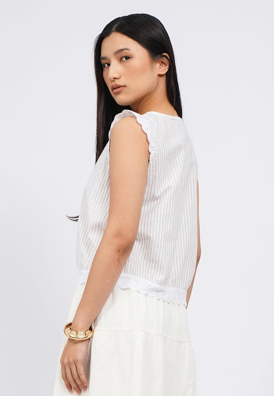 Sleeveless Stripe Blouse with Lace Details